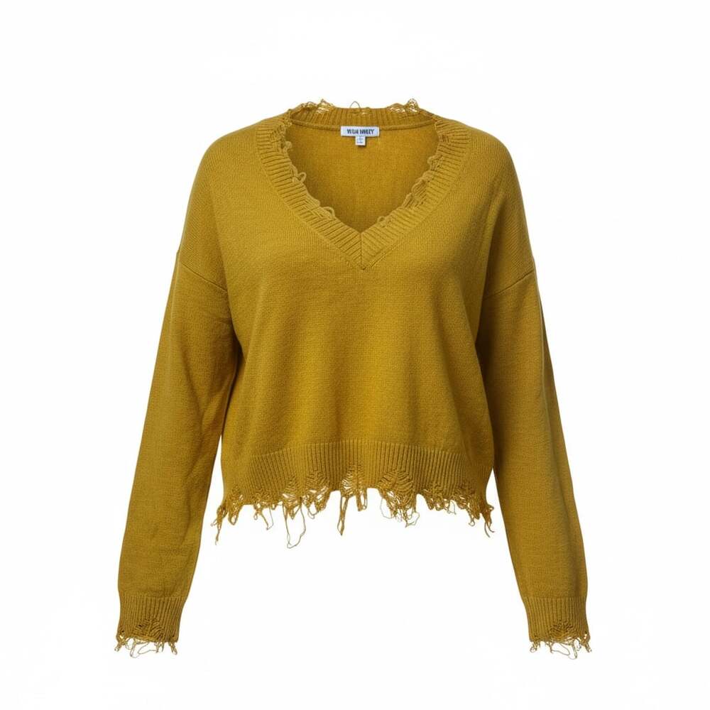 Wild Honey Mustard Yellow Distressed V-Neck Cropped Sweater with Frayed Hem